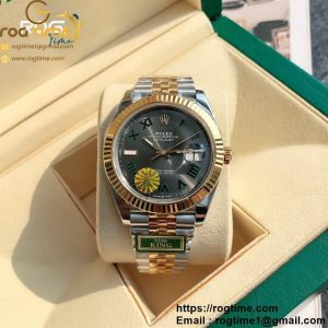 DateJust 41 YG Fluted Bezel KING 1:1 Best Edition 904L Steel Gray Dial Green Roman on SS/YG Jubilee Bracelet VR3235