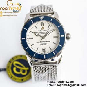 SuperOcean Heritage ii 42mm SS GF 1:1 Best Edition White Dial Blue Bezel on SS Mesh Bracelet A2824 V2