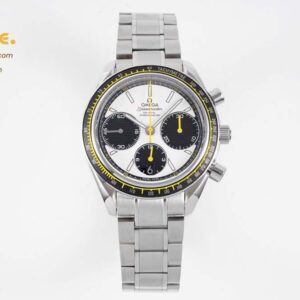 Omega HRF Speedmaster Racing Chronograph 40 Yellow Hands White Dial Black Tachymeter Bezel on SS Bracelet C3330