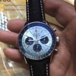 Navitimer B01 43mm SS BLS 1:1 Best Edition Light Blue Dial on Black Leather Strap A7750